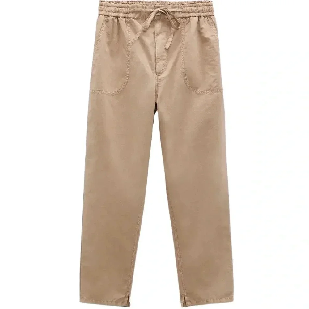 (NWOT) Zara High-Rise Cotton-Linen Jogger Pants -– Tan, Size 2